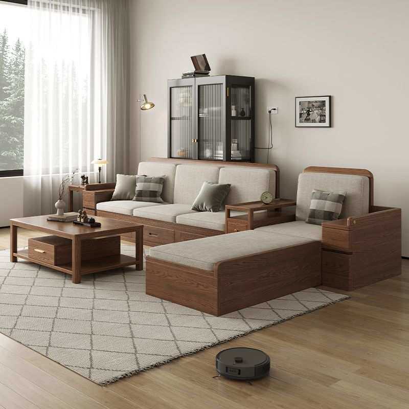 北欧白蜡木色实木沙发现代简约冬夏两用户型抽屉木质组合储物沙发