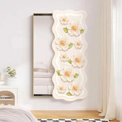 现代简约玄关装饰画奶油风花卉挂画暗藏式全身镜壁画可推拉镜子画