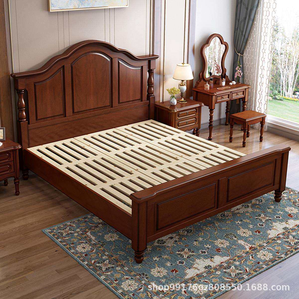 美式实木床桃花芯木1.8米双人床卧室1.5m现代简约实木高箱双人床