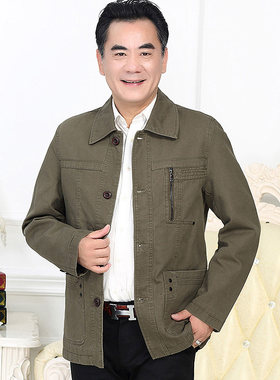 中老年春秋新款夹克男式翻领扣板外套商务休闲衫男士爸爸装纯棉