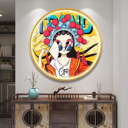 LED带灯国潮京剧人物装饰画圆形餐厅饭店包间墙面挂画火锅店壁画