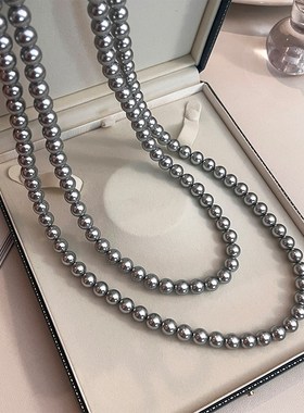 铂金灰色珍珠项链真多麻叠戴毛衣链长款锁骨链女2024新款颈链配饰