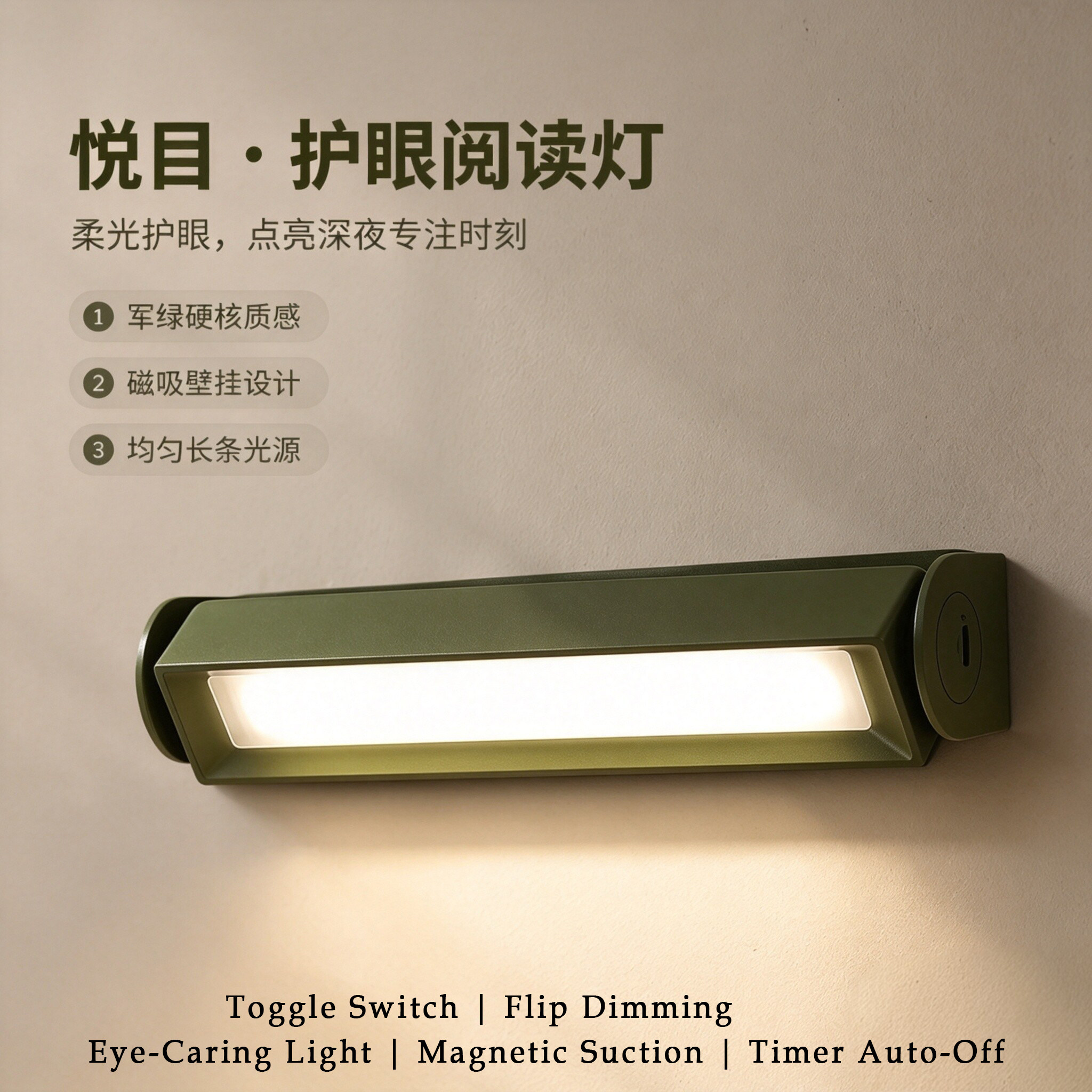 悦目条形小夜灯免打孔阅读护眼灯