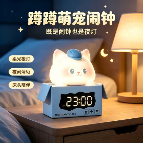 蹲蹲萌宠闹钟小夜灯强力叫醒伴睡