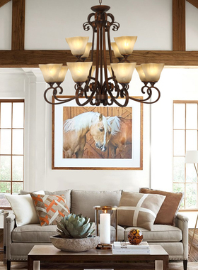 美式吊灯客厅灯乡村复古铁艺别墅复式楼大吊灯双层楼梯长吊灯12头