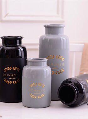 简约现代黑灰色陶瓷花瓶三件套家居装饰工艺品摆件工艺品软装