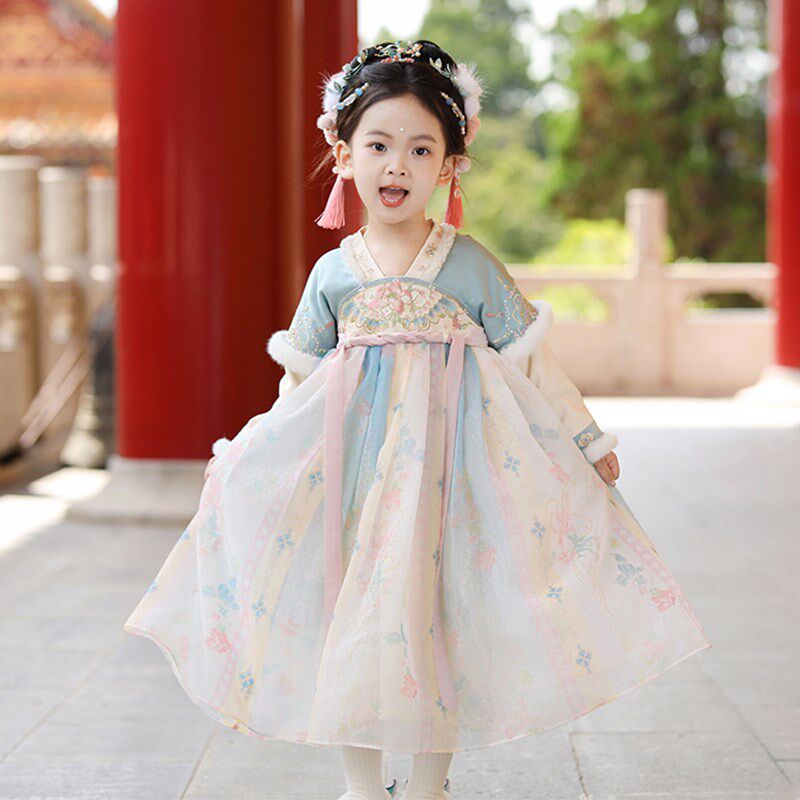汉服女童冬款2024新款小女孩国风公主加绒连衣裙儿童古装仙气襦裙