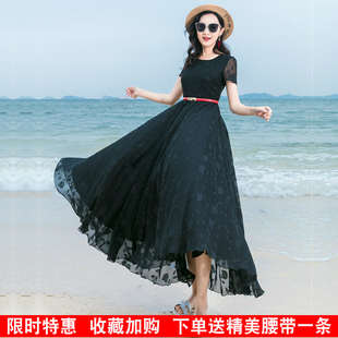 雪纺连衣裙2023新款夏流行裙子长款黑色收腰大摆有女人味的长裙女