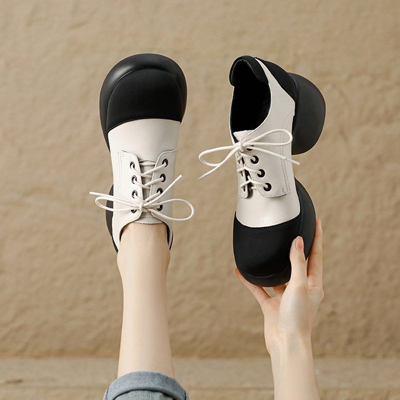 厚底松糕鞋女真皮圆头系带单鞋2024新款秋季拼色英伦风高跟小皮鞋,女鞋,深口单鞋,淘宝优惠券,粉丝福利购,淘宝优惠卷