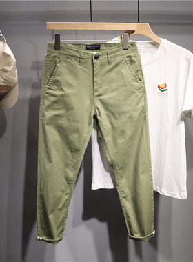 毒类 日系薄款休闲裤 男士轻商务纯色弹力九分裤绿色时尚百搭裤子