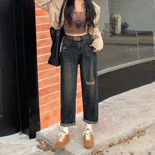 子 女宽松高腰显瘦哈伦老爹裤 2024春秋新款 复古蓝色破洞牛仔萝卜裤