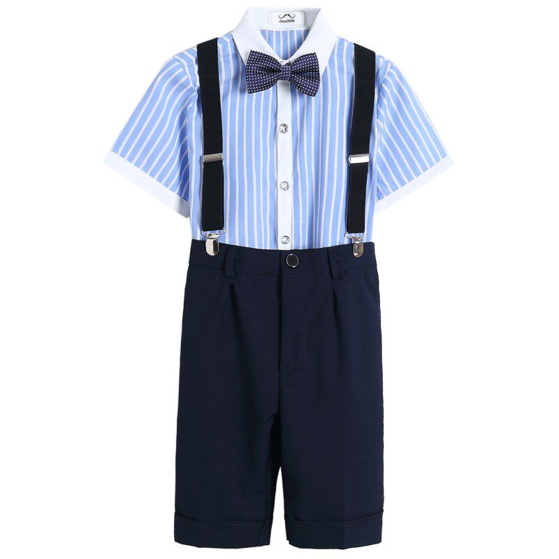 男童蓝色条纹衬衫藏青短裤背带幼儿园园服演出校服国庆大合唱服装