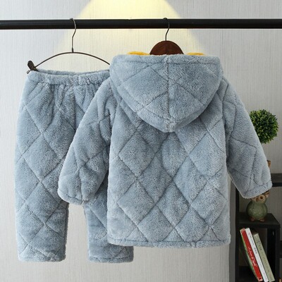 冬季儿童睡衣三层加厚夹棉长毛绒男孩女童法兰绒保暖家居服中长款