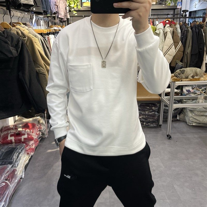 高品质加厚加绒打底衫男装冬季新款韩版时尚休闲纯色长袖圆领卫衣