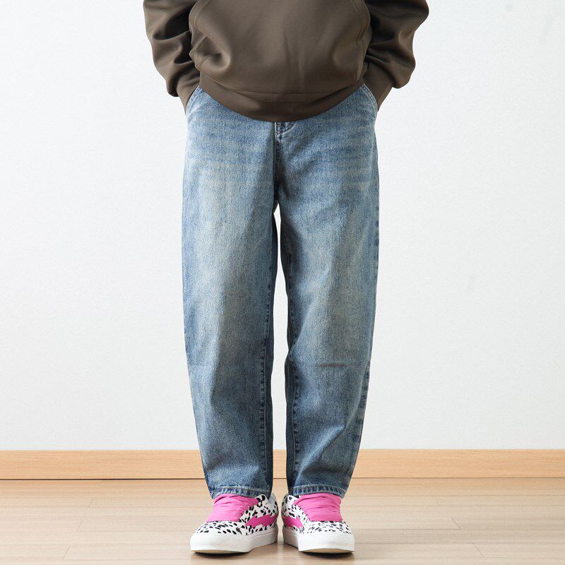 春季日系复古猫须磨破阔腿牛仔裤男宽松直筒做旧微锥百搭休闲长裤