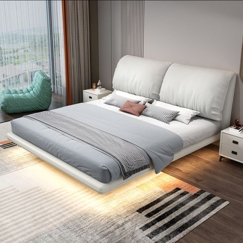 奶油风大象耳朵头层真皮悬浮床1.5简约现代主卧1.8米羽绒软包婚床