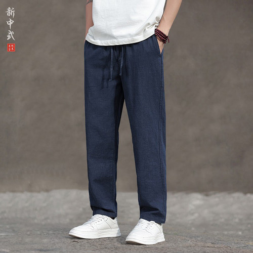 新中式休闲棉麻透气直筒裤男宽松大码纯色九分裤中国风百搭休闲裤
