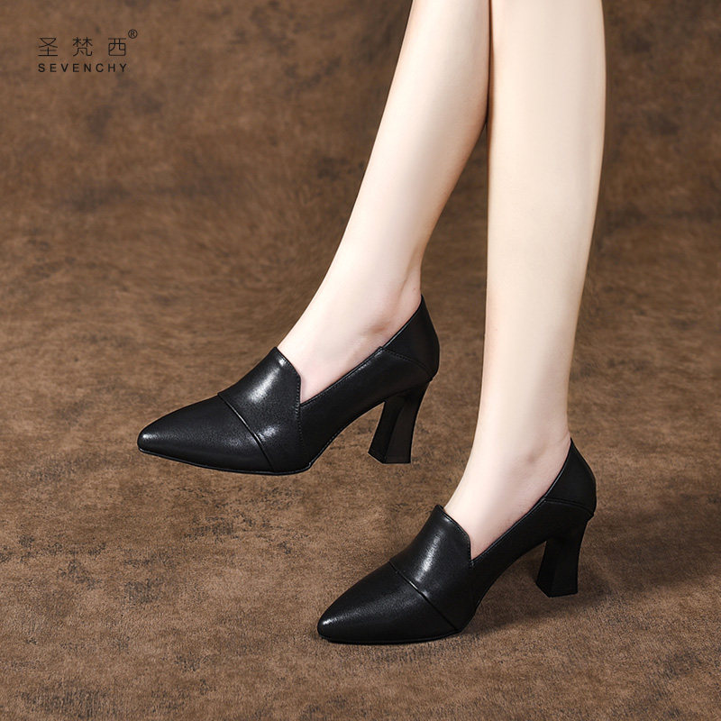 2024新款尖头职业高跟鞋不累脚软皮粗跟深口单鞋中跟真皮鞋女春秋,女鞋,深口单鞋,淘宝优惠券,粉丝福利购,淘宝优惠卷
