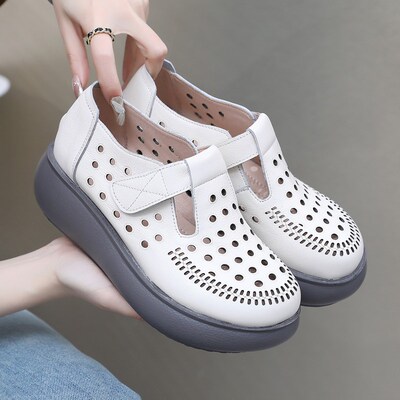 真皮镂空单鞋2025夏季厚底舒适妈妈鞋大码女鞋松糕底轻便洞洞凉鞋