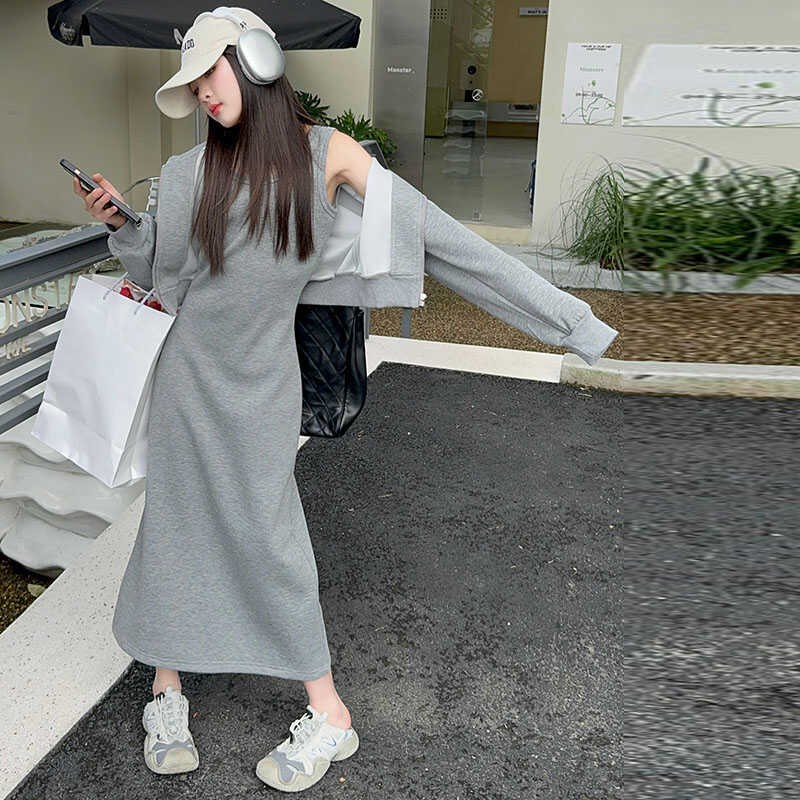 女童2024春秋短款运动卫衣帽衫外套百搭套装长款吊带连衣裙套装图片
