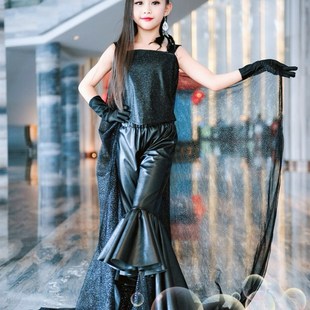 个性 皮衣套装 创意霸气潮服黑色 儿童车模服装 女童模特走秀礼服时装