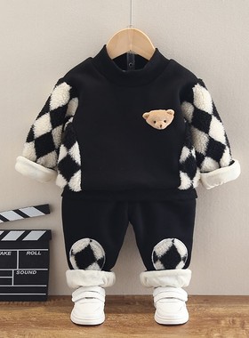 宝宝加绒冬装男1周岁十一6九8八六7个月冬季分体婴儿衣服卫衣套装