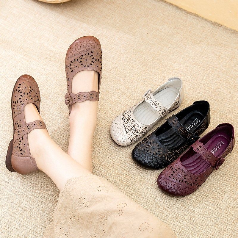 魔术贴中老年皮凉鞋真皮软底妈妈凉鞋夏休闲女鞋平底低跟洞洞鞋女,女鞋,洞洞鞋,淘宝优惠券,粉丝福利购,淘宝优惠卷