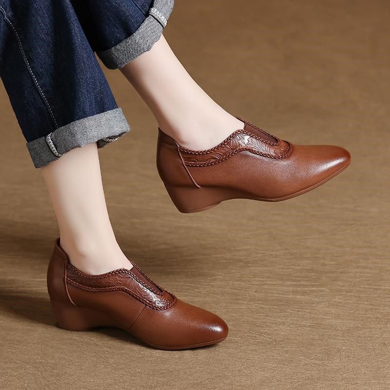 真皮复古坡跟单鞋女2025新款春秋女式深口皮鞋牛皮软底舒适妈妈鞋,女鞋,深口单鞋,淘宝优惠券,粉丝福利购,淘宝优惠卷