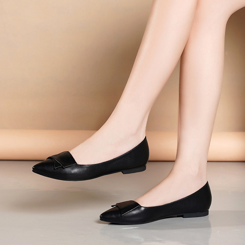 真皮单鞋女2022新款春季平底尖头浅口低跟黑色休闲百搭软底皮鞋女,女鞋,浅口单鞋,淘宝优惠券,粉丝福利购,淘宝优惠卷