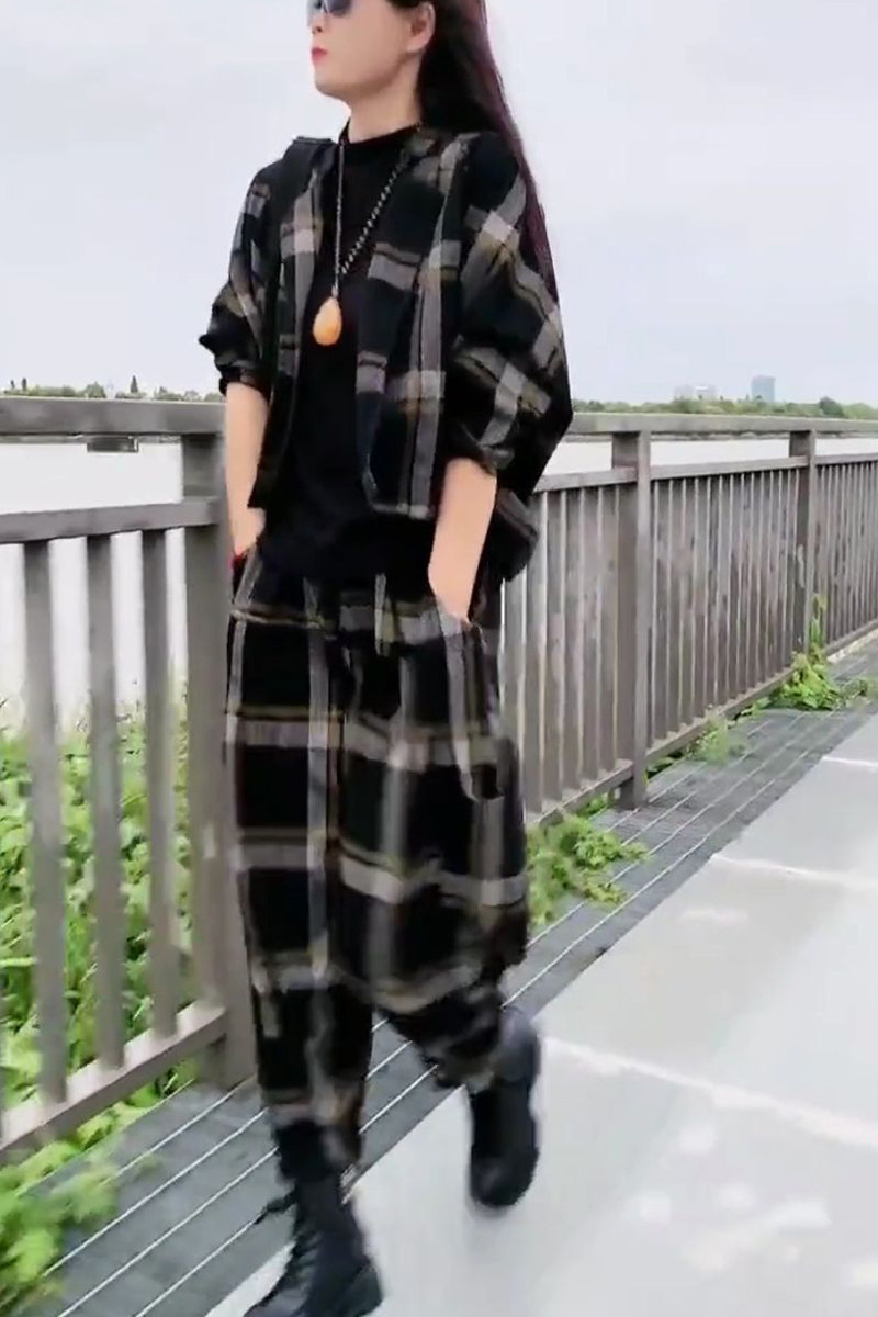 2023年春秋季新款印花套装女复古格子时髦牛仔短外套哈伦裤两件套,女装/女士精品,时尚套装,淘宝优惠券,粉丝福利购,淘宝优惠卷