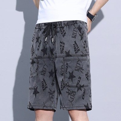 夏季薄款六兜牛仔短裤男士休闲五分裤宽松弹力印花迷彩中裤子潮牌