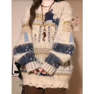 加厚版!慵懒风破洞撞色套头毛衣女春季新款宽松不规则拉绒针织衫