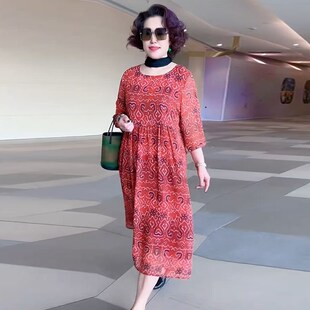 2025夏季新款复古花乔其纱连衣裙宽松大码洋气减龄显瘦过膝中长裙