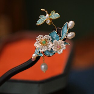 烧蓝发簪高级感小众新中式簪子日常款檀木国风花朵珍珠步摇头饰品