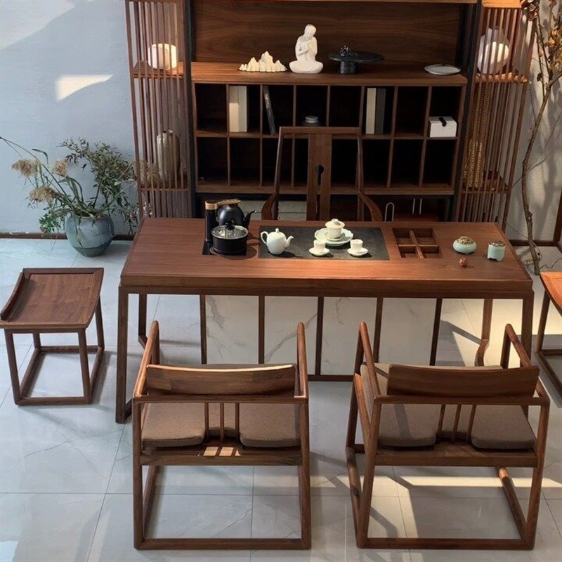 北美黑胡桃木茶桌椅组合茶室家具禅意G客厅家用实木功夫茶台泡茶