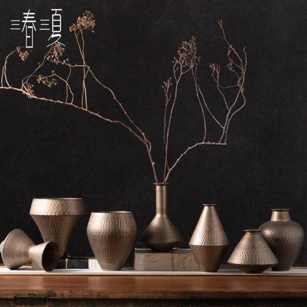 样板间茶几新中式宋代侘寂风金色茶室摆件鎏禅意装饰茶台复古花器