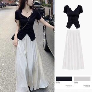 梨形身材穿搭温柔风气质套装女夏季纯欲修身上衣阔腿裤裙子两件套