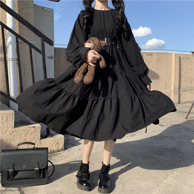 日系连衣裙长袖大码高腰黑色女学生甜美可爱收腰褶皱A字裙图片