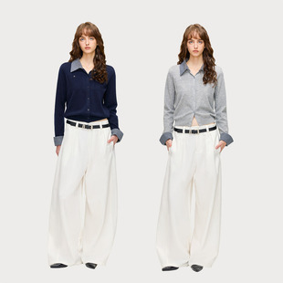 AFTER TEEN 格纹拼接100羊毛假两件衬衫式针织开衫 弯刀裤