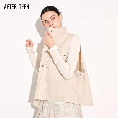 AFTER TEEN「南亚文化｜手工质感 」立领麻料工装腰部抽绳马甲