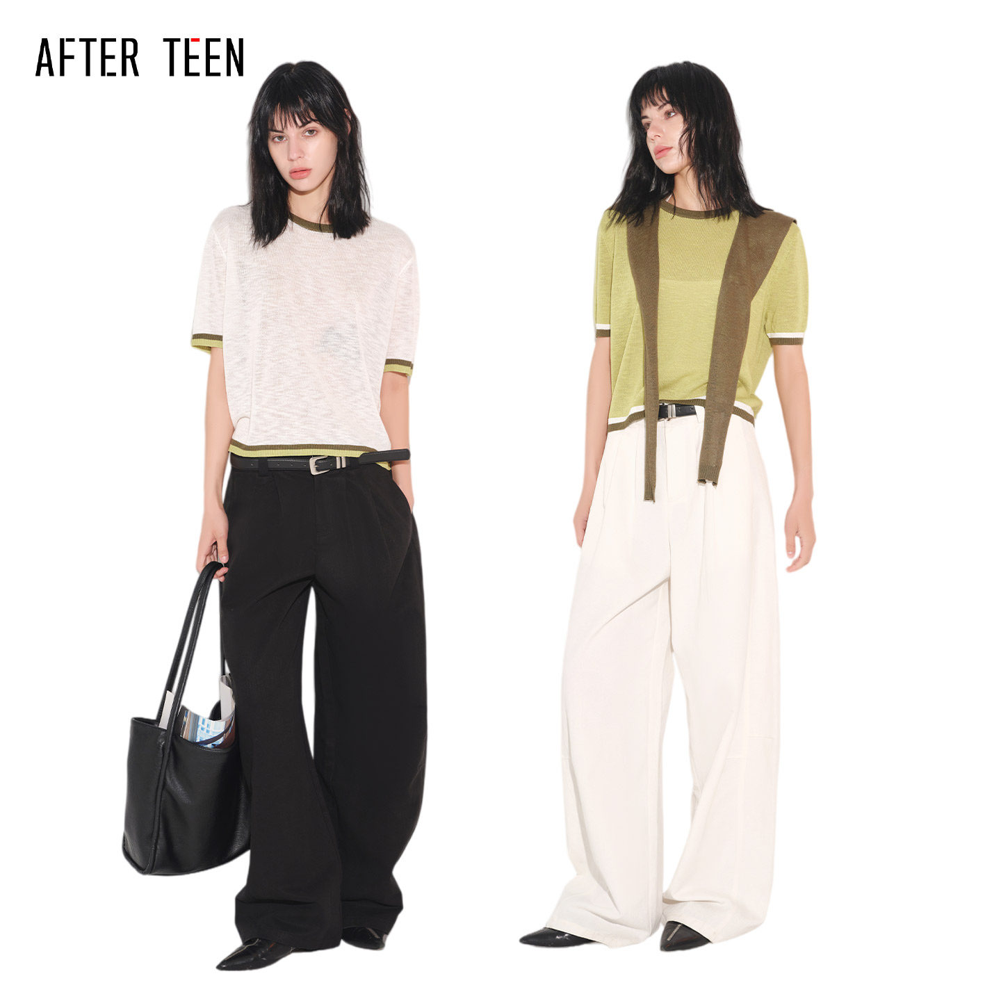 AFTER TEEN撞色领披肩短袖针织衫 廓形感白色长款白色弯刀裤