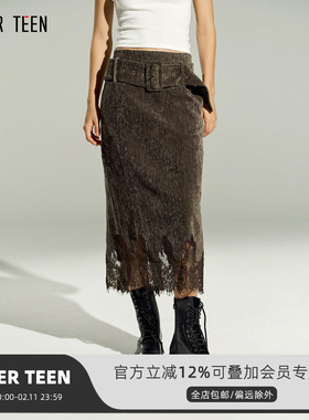 AFTER TEEN复古慕斯灯芯绒蕾丝拼接低腰节宽腰带复古中长款半身裙
