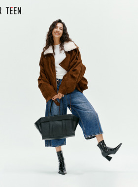 AFTER TEEN麂皮绒面料翻毛领90白鸭绒直充羽绒服女短款廓形派克服