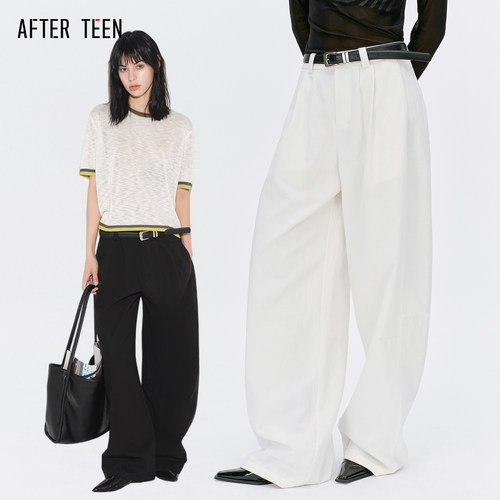 AFTER TEEN「柔系美式｜实用主义」廓形皮带装饰弯刀裤