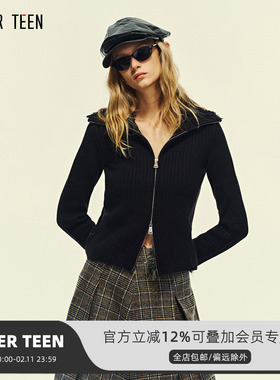 AFTER TEEN1OO全羊毛 翻领毛领双开拉链黑色灰色针织开衫短外套