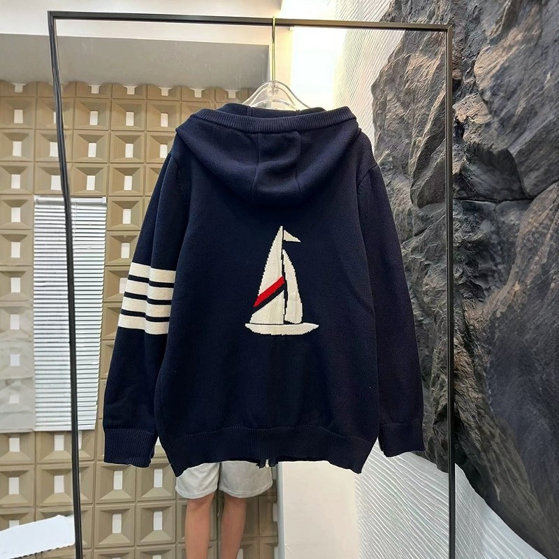 秋冬开衫连帽网红帆船四条杠针织毛衣外套男女情侣款潮牌欧货上衣