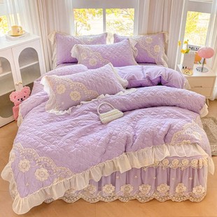 高颜值蕾丝床裙款床上四件套公主风花边加厚夹棉被套四季床罩通用