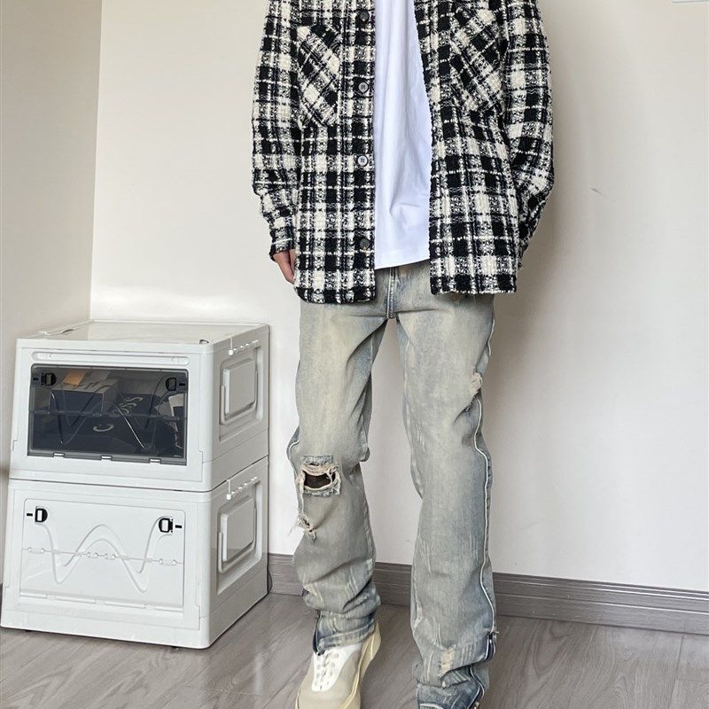 夏季破洞牛仔裤复古做旧磨破裤脚拉链水洗男女堆积感直筒阔腿修身