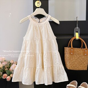 女童背心连衣裙夏季2024新款时尚挂脖白色公主裙儿童夏天纯棉裙子