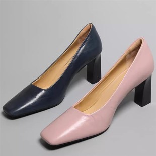 高跟鞋 潮奢女士新款 单鞋 百搭方头高贵大气皮鞋 高品质马油皮面女鞋